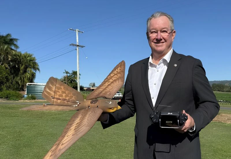 City of Moreton Bay Mayor Peter Flannery with RoBird at Taste'n'See farms in Bellmere, Queensland.