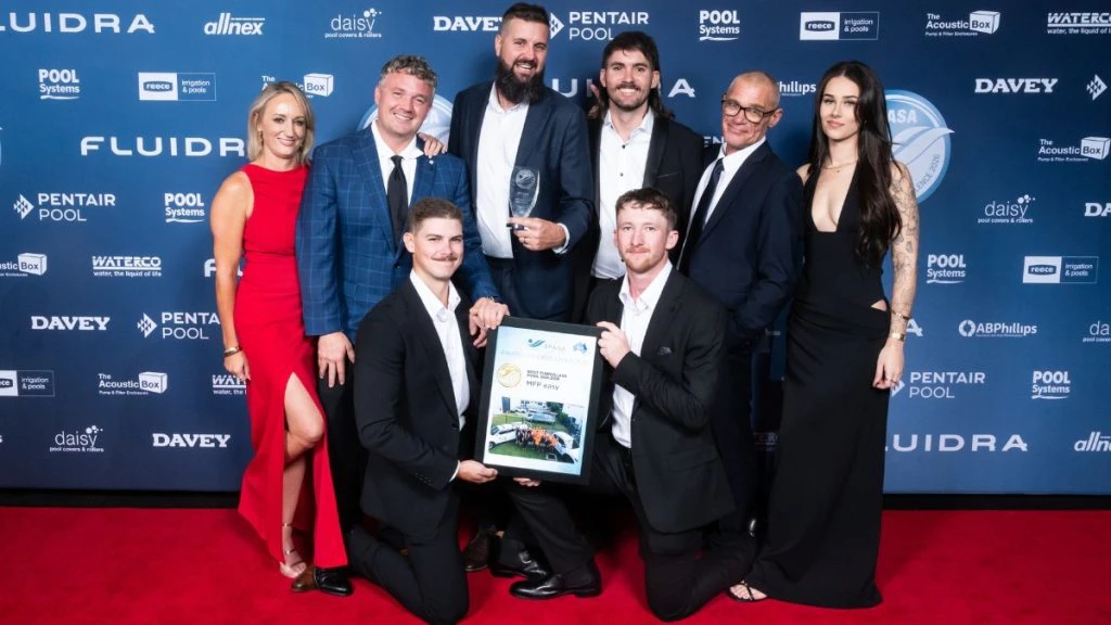 Brendale-based MFP Easy Fibreglass Pools with their gold award for Best Fibreglass Pool Builder at the 2026 SPASA Queensland Awards of Excellence.